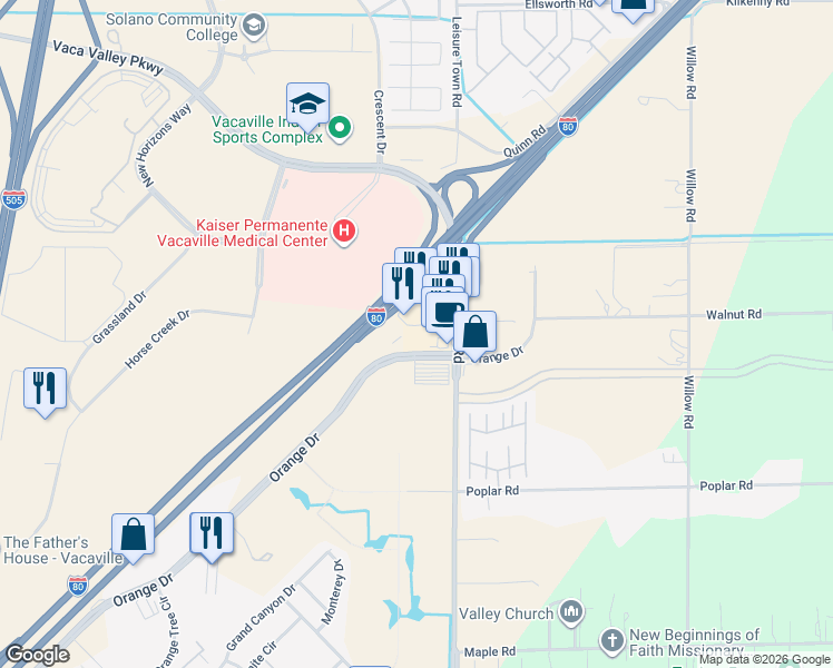 map of restaurants, bars, coffee shops, grocery stores, and more near 799 Orange Drive in Vacaville