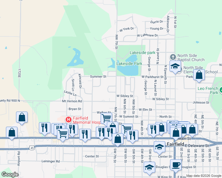 map of restaurants, bars, coffee shops, grocery stores, and more near 509 Northwest 7th Street in Fairfield