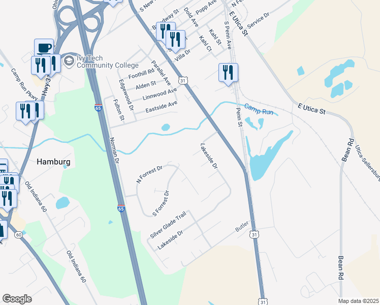 map of restaurants, bars, coffee shops, grocery stores, and more near 4213 Lakeside Court in Sellersburg