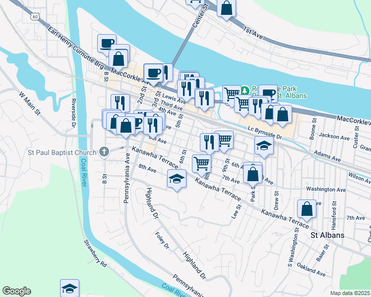 map of restaurants, bars, coffee shops, grocery stores, and more near 6th Avenue in Saint Albans