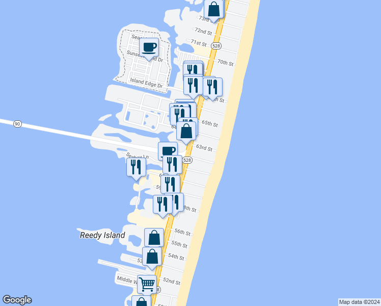 map of restaurants, bars, coffee shops, grocery stores, and more near 6200 Coastal Highway in Ocean City