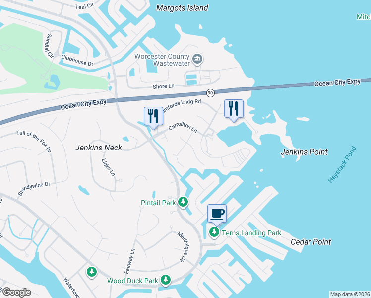 map of restaurants, bars, coffee shops, grocery stores, and more near 1706 South Chase Street in Ocean Pines