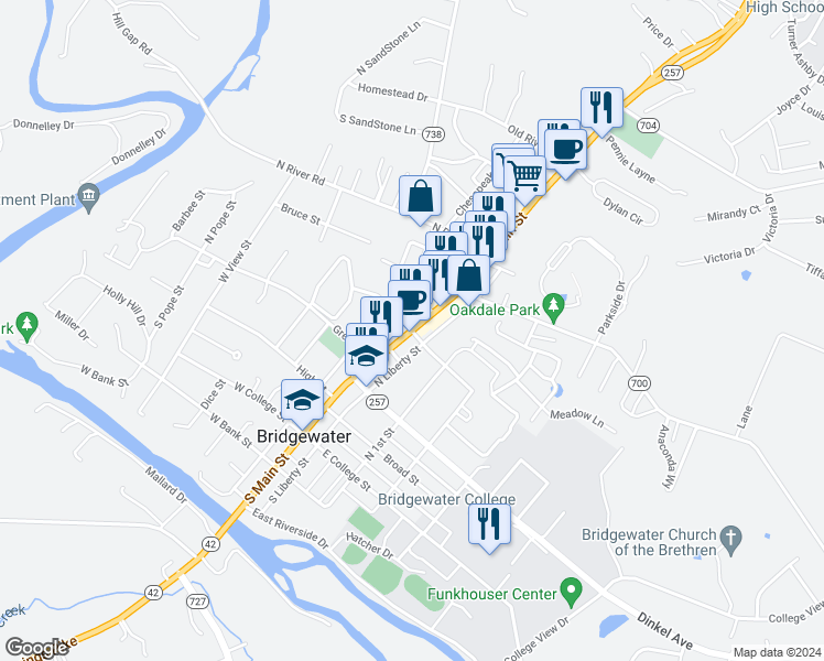 map of restaurants, bars, coffee shops, grocery stores, and more near 362 North Main Street in Bridgewater