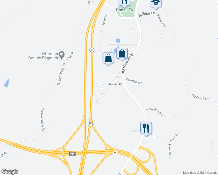 map of restaurants, bars, coffee shops, grocery stores, and more near 505 Golden Acres Drive in House Springs