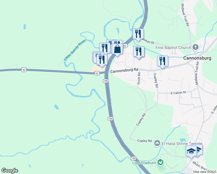 map of restaurants, bars, coffee shops, grocery stores, and more near 12862 Kentucky 180 in Ashland
