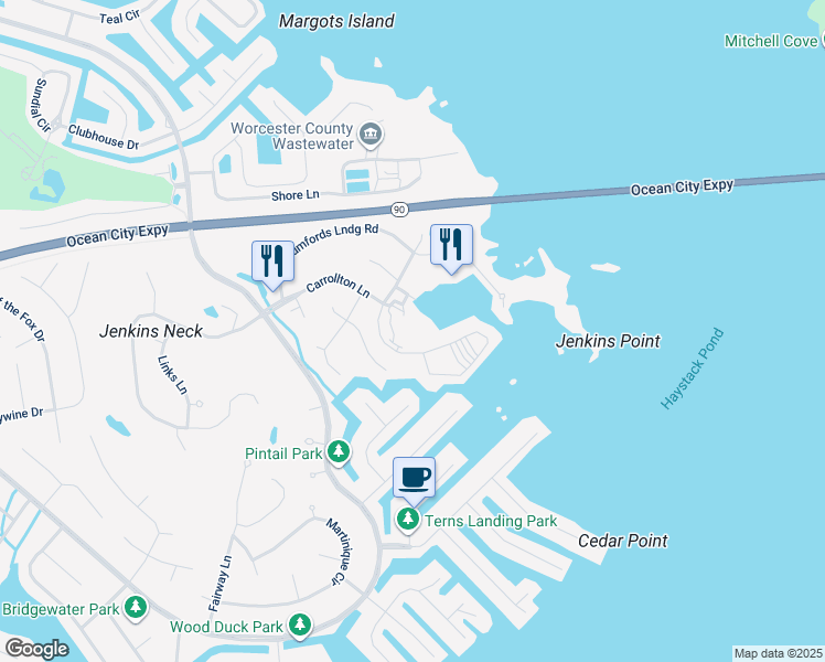 map of restaurants, bars, coffee shops, grocery stores, and more near 537 Yacht Club Drive in Ocean Pines