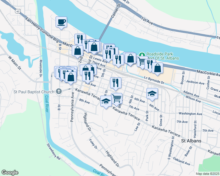 map of restaurants, bars, coffee shops, grocery stores, and more near in Saint Albans