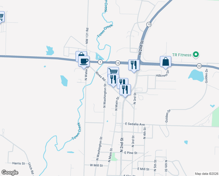 map of restaurants, bars, coffee shops, grocery stores, and more near 112 West Rives Road in Clinton