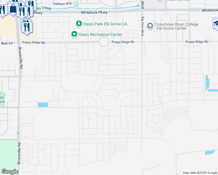 map of restaurants, bars, coffee shops, grocery stores, and more near Big Horn Boulevard in Elk Grove