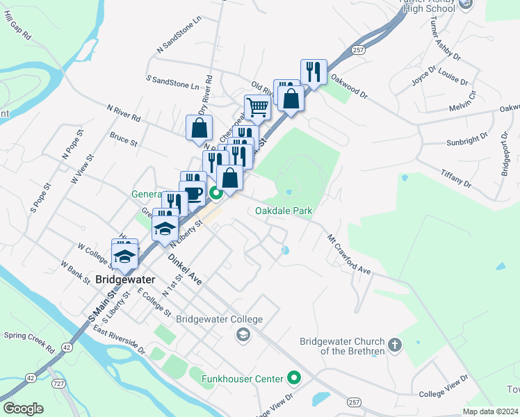 map of restaurants, bars, coffee shops, grocery stores, and more near 129-199 Wayside Drive in Bridgewater