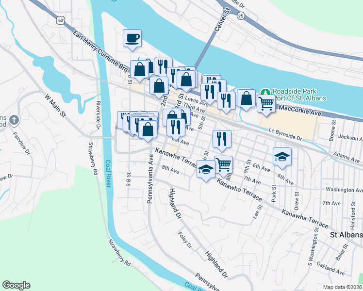 map of restaurants, bars, coffee shops, grocery stores, and more near 602 4th Street in Saint Albans