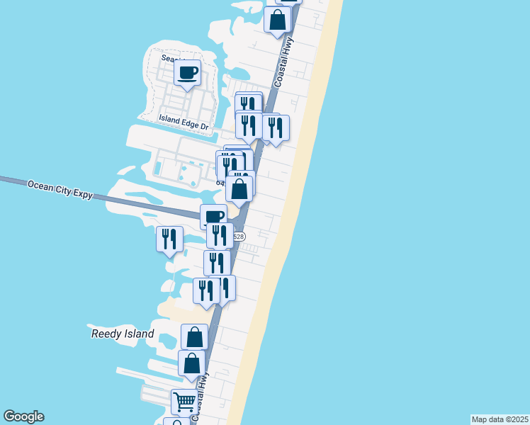 map of restaurants, bars, coffee shops, grocery stores, and more near 6 62nd Street in Ocean City