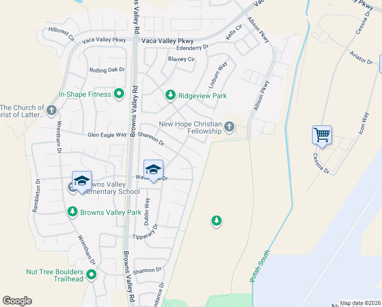 map of restaurants, bars, coffee shops, grocery stores, and more near 675 Shannon Drive in Vacaville