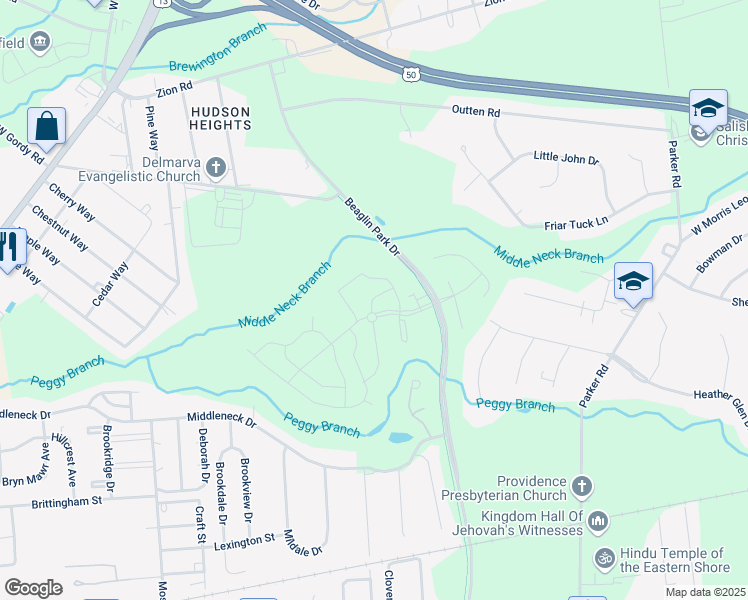 map of restaurants, bars, coffee shops, grocery stores, and more near 465 Creekbed Circle in Salisbury
