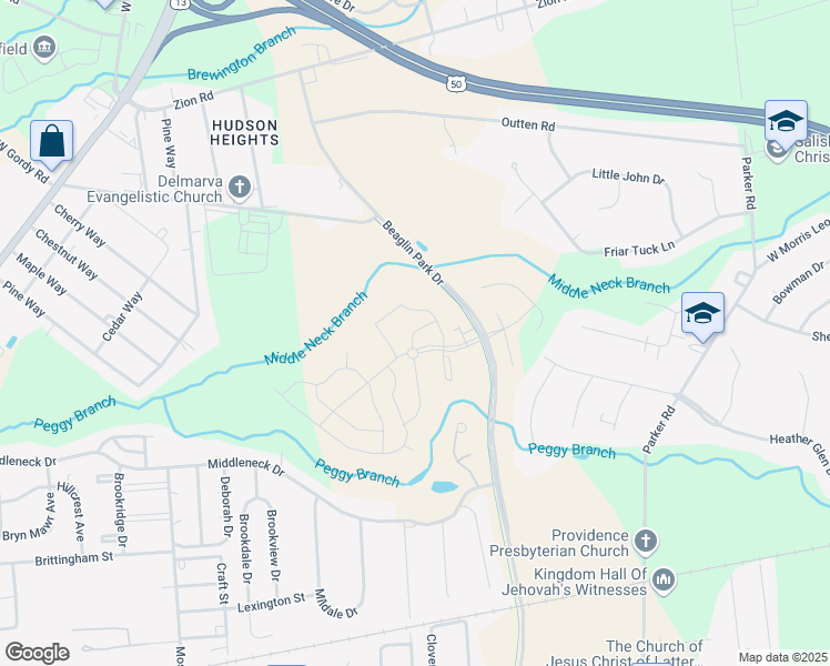 map of restaurants, bars, coffee shops, grocery stores, and more near 465 Creekbed Circle in Salisbury