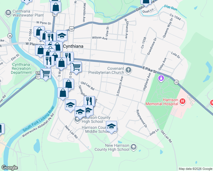 map of restaurants, bars, coffee shops, grocery stores, and more near 204 Old Lair Road in Cynthiana