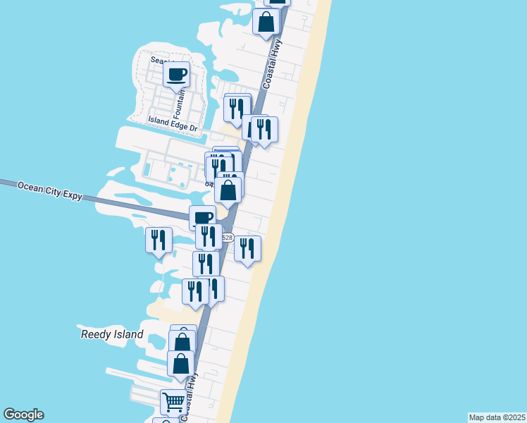 map of restaurants, bars, coffee shops, grocery stores, and more near 6301 Atlantic Avenue in Ocean City