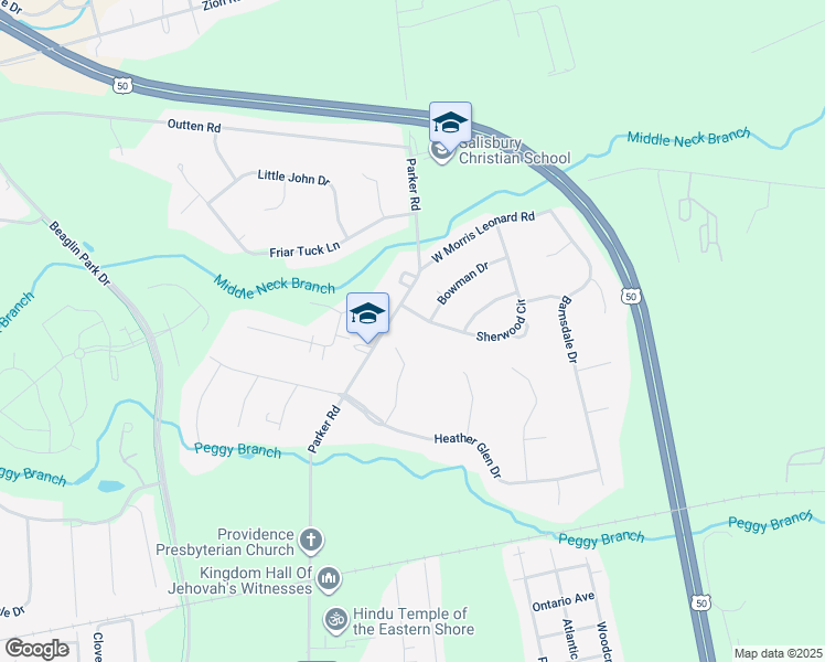 map of restaurants, bars, coffee shops, grocery stores, and more near 1002 Sherwood Circle in Salisbury