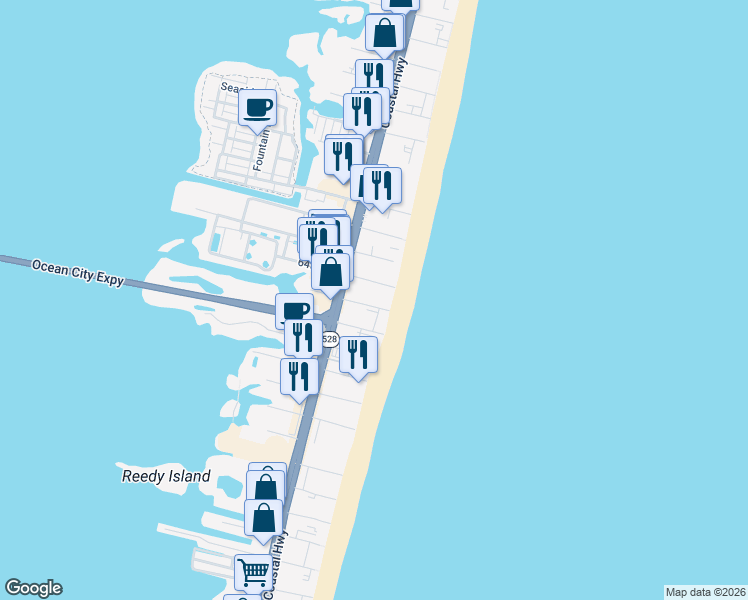 map of restaurants, bars, coffee shops, grocery stores, and more near 6 63rd Street in Ocean City