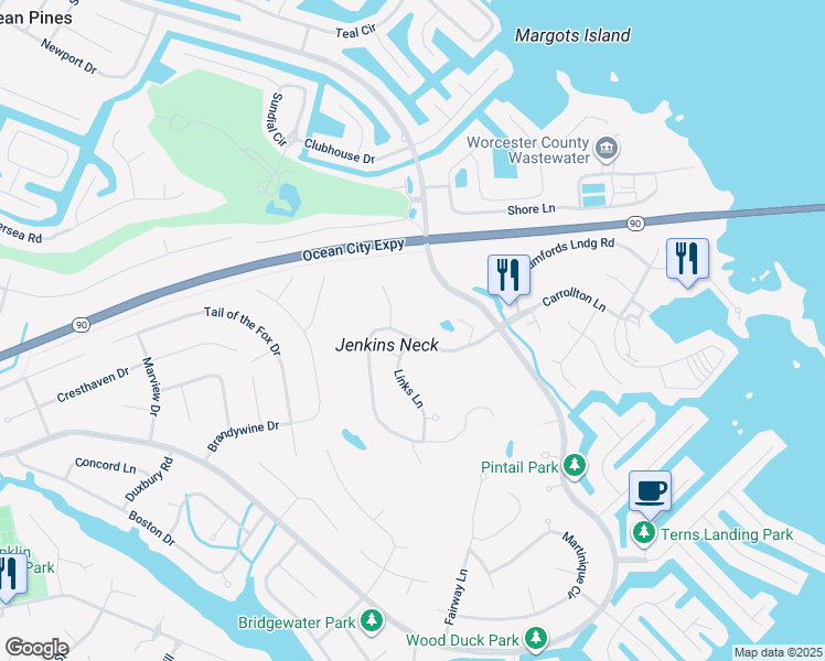 map of restaurants, bars, coffee shops, grocery stores, and more near 18 Hingham Lane in Ocean Pines