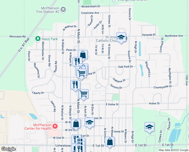 map of restaurants, bars, coffee shops, grocery stores, and more near 300 Oak Park Drive in McPherson