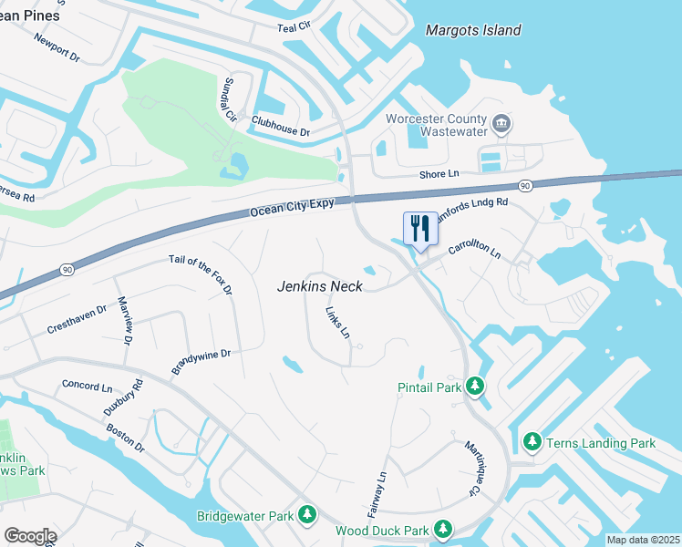 map of restaurants, bars, coffee shops, grocery stores, and more near 18 Hingham Lane in Ocean Pines