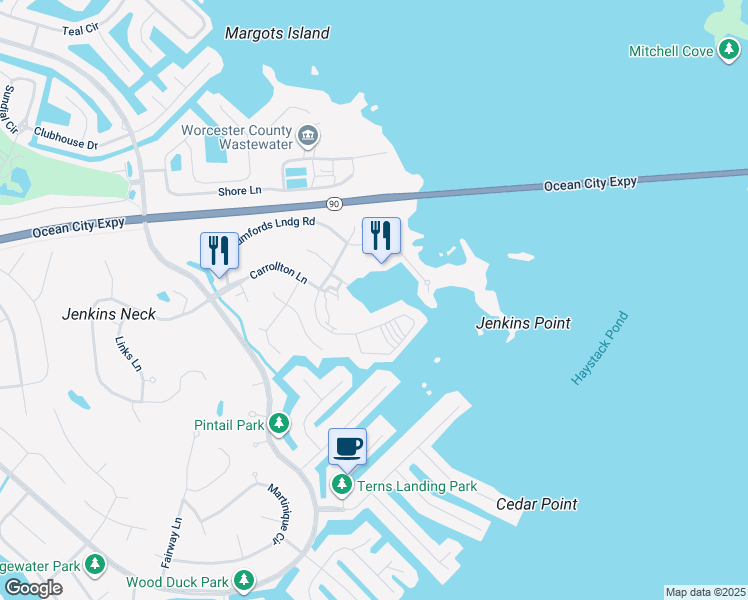 map of restaurants, bars, coffee shops, grocery stores, and more near 537 Yacht Club Drive in Ocean Pines