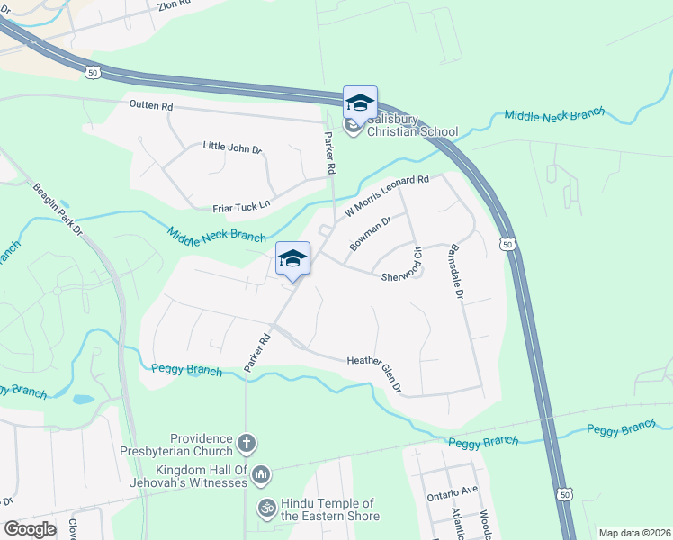 map of restaurants, bars, coffee shops, grocery stores, and more near 603 Parker Road in Salisbury