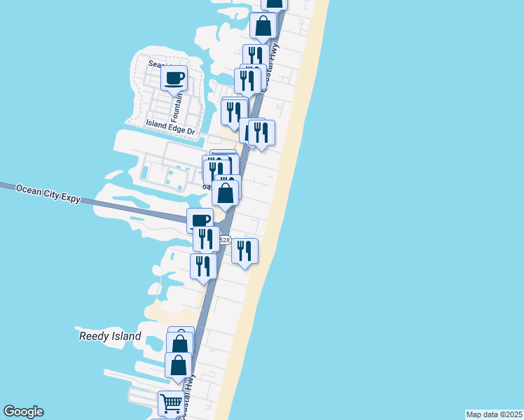map of restaurants, bars, coffee shops, grocery stores, and more near 6305 Atlantic Avenue in Ocean City