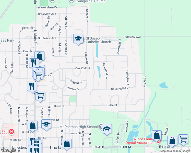 map of restaurants, bars, coffee shops, grocery stores, and more near 1440 North High Drive in McPherson