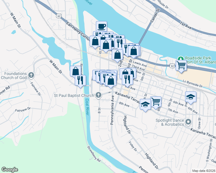 map of restaurants, bars, coffee shops, grocery stores, and more near 80 Olde Main Plaza in St Albans