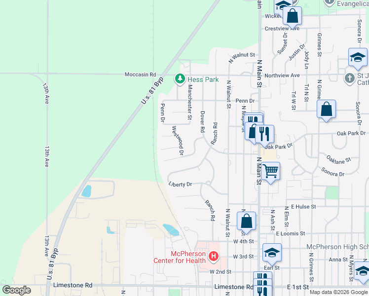 map of restaurants, bars, coffee shops, grocery stores, and more near 1419 Westwood Dr in McPherson