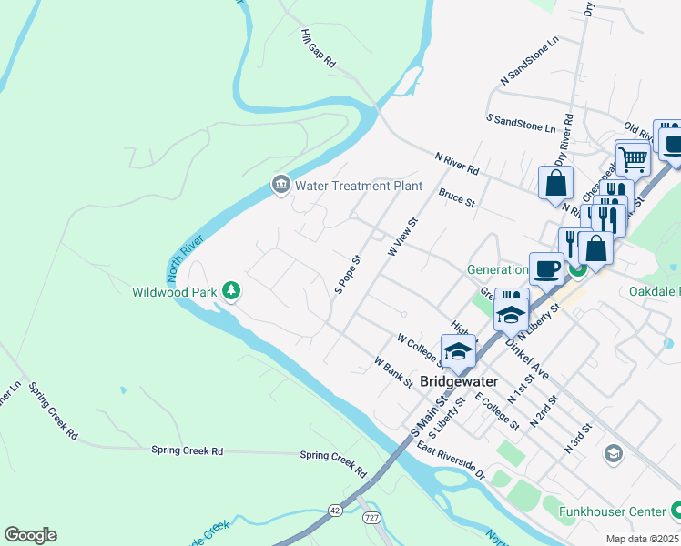 map of restaurants, bars, coffee shops, grocery stores, and more near 109 South Pope Street in Bridgewater