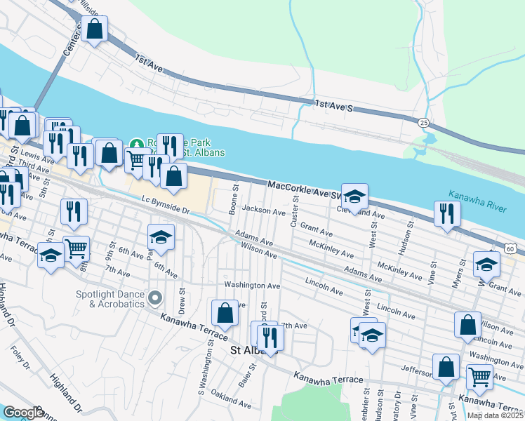 map of restaurants, bars, coffee shops, grocery stores, and more near 201 Carson Street in Saint Albans