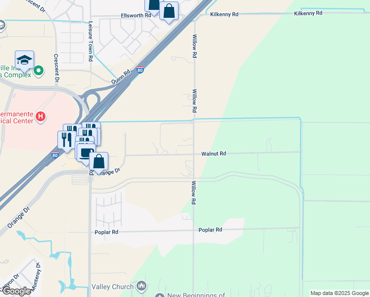map of restaurants, bars, coffee shops, grocery stores, and more near 6757 Willow Road in Vacaville