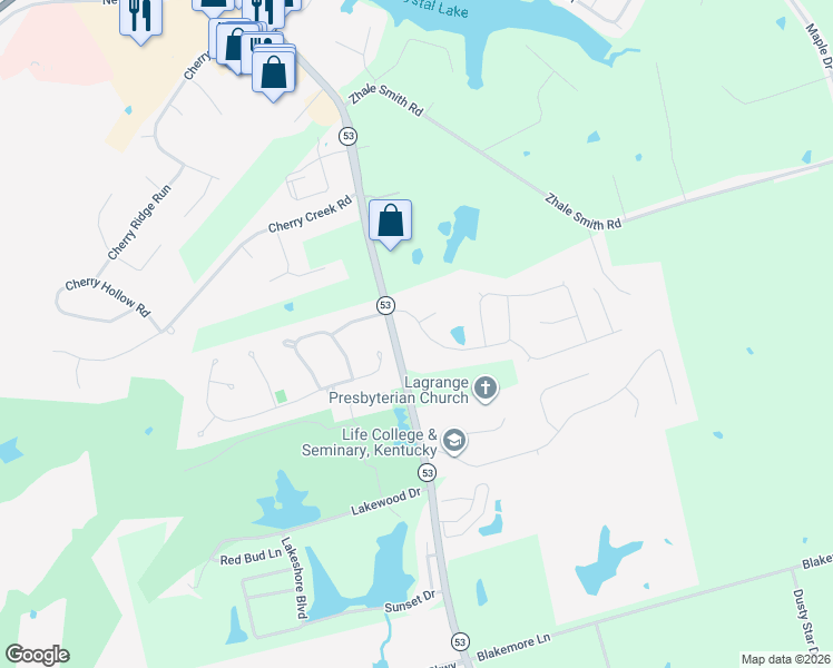 map of restaurants, bars, coffee shops, grocery stores, and more near 2501 Kentucky 53 in La Grange