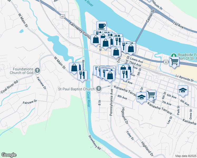 map of restaurants, bars, coffee shops, grocery stores, and more near 49C Olde Main Plaza in Saint Albans
