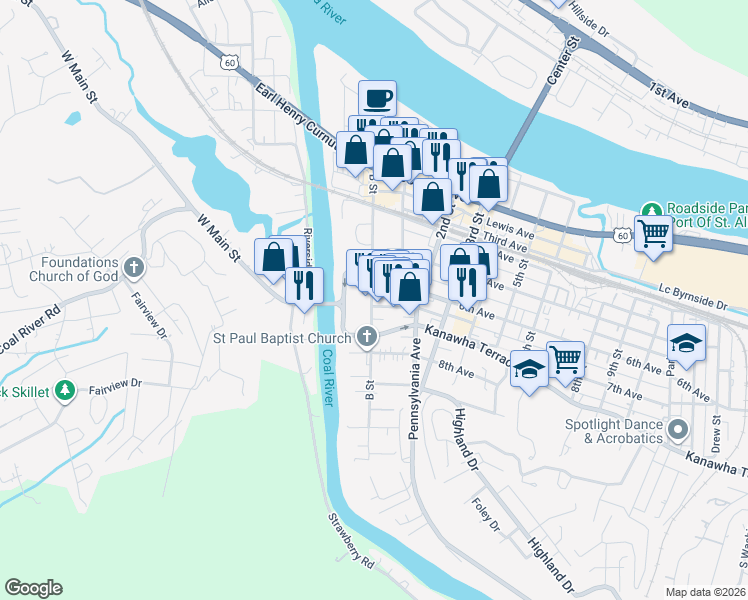 map of restaurants, bars, coffee shops, grocery stores, and more near 49C Olde Main Plaza in Saint Albans