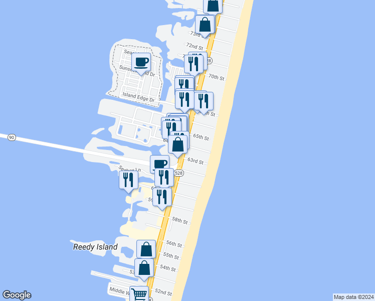 map of restaurants, bars, coffee shops, grocery stores, and more near 6308 Coastal Highway in Ocean City