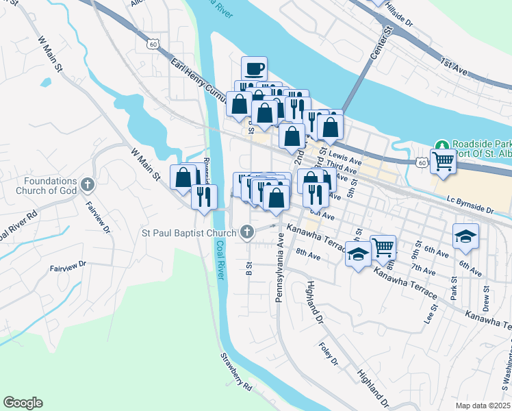 map of restaurants, bars, coffee shops, grocery stores, and more near 49C Olde Main Plaza in Saint Albans