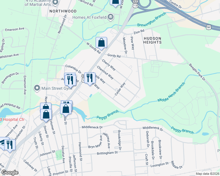 map of restaurants, bars, coffee shops, grocery stores, and more near 228 Maple Way in Salisbury
