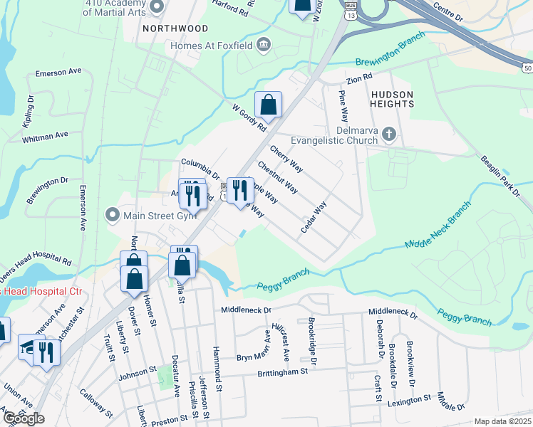 map of restaurants, bars, coffee shops, grocery stores, and more near 217 Pine Way in Salisbury