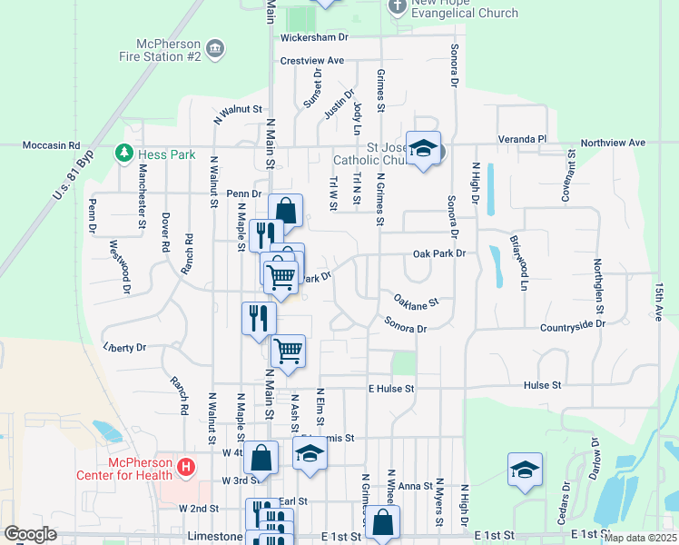 map of restaurants, bars, coffee shops, grocery stores, and more near 300 Oak Park Drive in McPherson