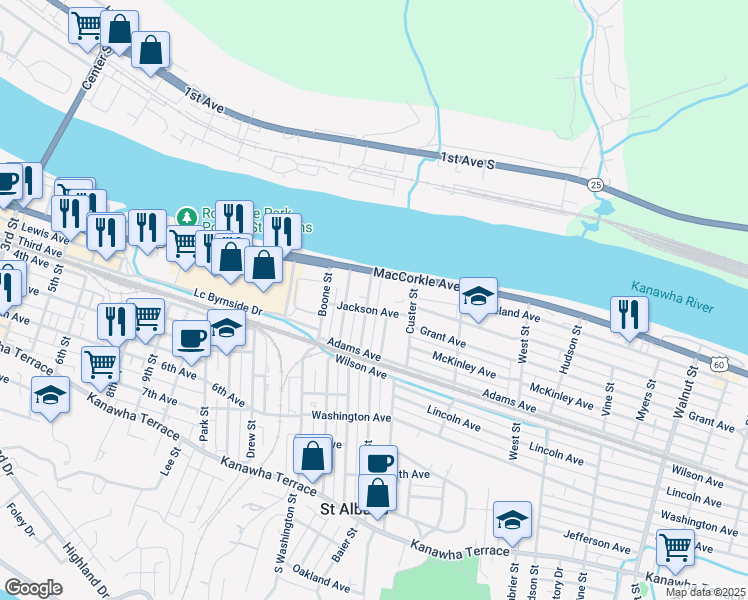 map of restaurants, bars, coffee shops, grocery stores, and more near 3117 Carson Street in Saint Albans