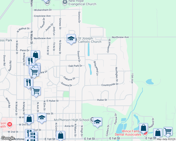 map of restaurants, bars, coffee shops, grocery stores, and more near 1440 North High Drive in McPherson