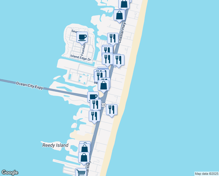 map of restaurants, bars, coffee shops, grocery stores, and more near 6308 Coastal Highway in Ocean City