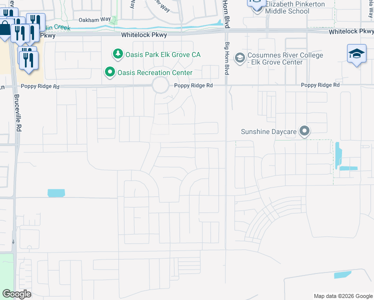 map of restaurants, bars, coffee shops, grocery stores, and more near Big Horn Boulevard in Elk Grove