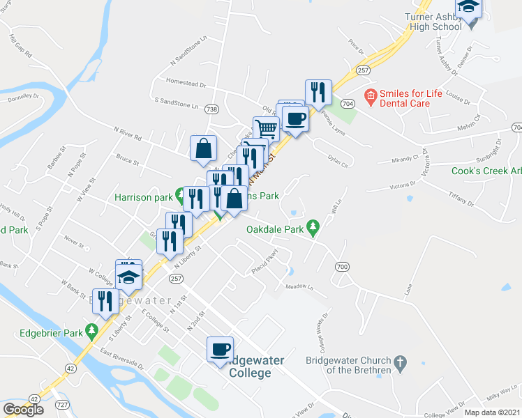 map of restaurants, bars, coffee shops, grocery stores, and more near 108 Mount Crawford Avenue in Bridgewater