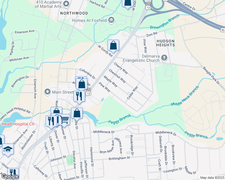 map of restaurants, bars, coffee shops, grocery stores, and more near 217 Pine Way in Salisbury