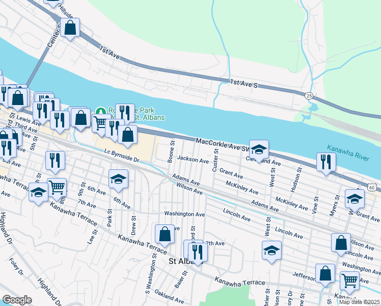 map of restaurants, bars, coffee shops, grocery stores, and more near 3117 Carson Street in Saint Albans